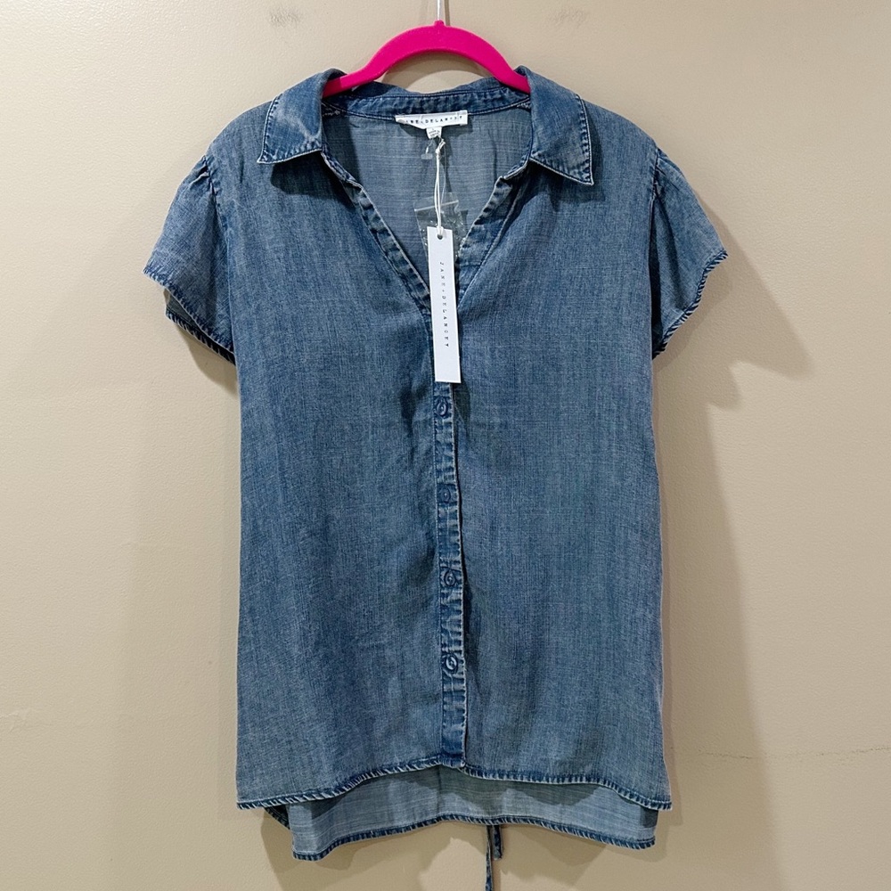 NWT Jane and Delancey Denim Shirt Tie Waist Women L Ruffle Chambray Blouse Blue
